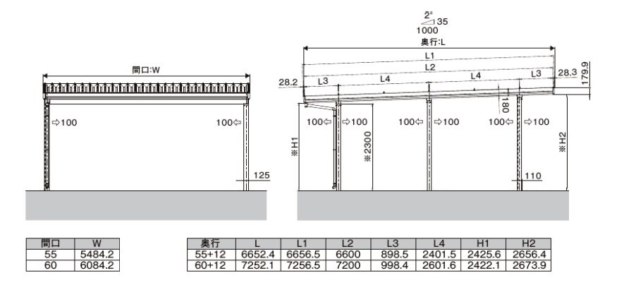 LIXIL カーポートSW 1500タイプ 2台用 W5484×L6053 55-60型 ロング柱30 基本 4本柱 積雪50cm カーポート  LIXIL 旧テリオスポートIII 物置、車庫