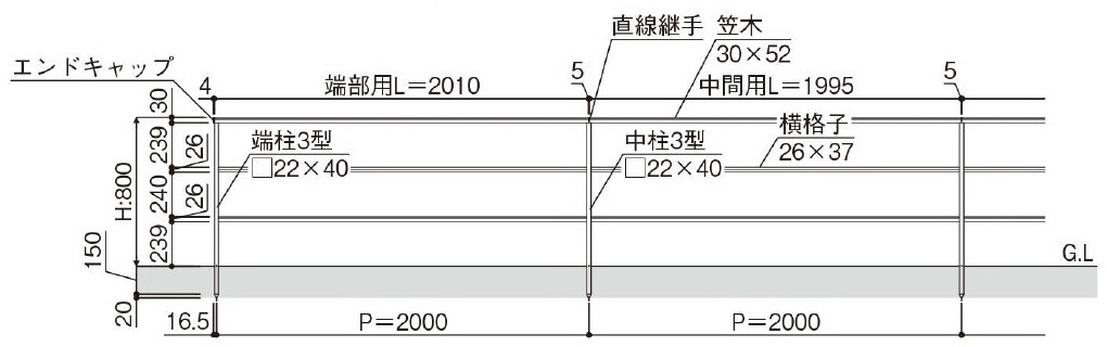 シンプルモダンフェンスLite3型寸法図